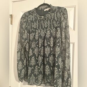 LOFT Green and White Holiday Patterned Blouse